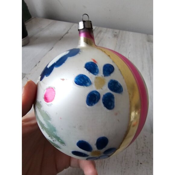 Antique flower ball mercury ornament glass blue yellow striped flocked - Picture 3 of 8